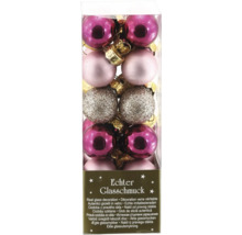 Weihnachtsbaumkugeln aus echtem Glas in verschiedenen Rosa-Tönen und Silber-Glitzer, glänzend und matt.