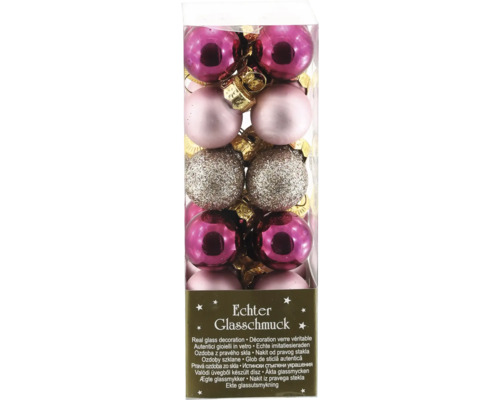 Weihnachtsbaumkugeln aus echtem Glas in verschiedenen Rosa-Tönen und Silber-Glitzer, glänzend und matt.