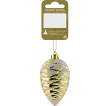 Weihnachtsbaumanhänger in Zapfenform in Gold und Silber mit glitzernder Oberfläche.