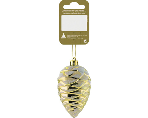 Weihnachtsbaumanhänger in Zapfenform in Gold und Silber mit glitzernder Oberfläche.