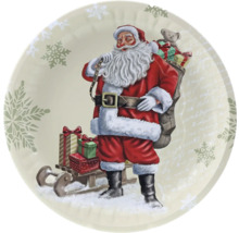 Runder Dekoteller mit Weihnachtsmann-Motiv, Geschenkesack, Schlitten und Schneeflocken.