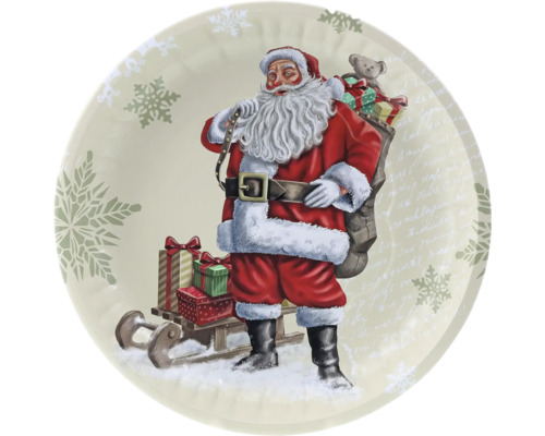 Runder Dekoteller mit Weihnachtsmann-Motiv, Geschenkesack, Schlitten und Schneeflocken.
