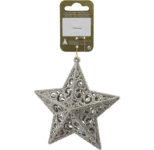 Silberner glitzernder Stern zum Aufhängen mit filigranem Muster als Christbaumschmuck.
