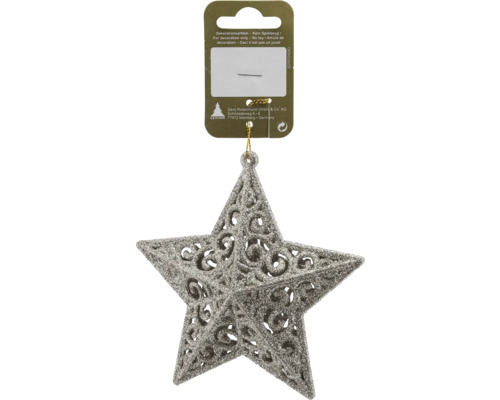 Silberner glitzernder Stern zum Aufhängen mit filigranem Muster als Christbaumschmuck.