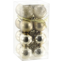 Set aus champagnerfarbenen Weihnachtskugeln in einer Klarsichtbox mit glitzernden, matten und glänzenden Oberflächen.