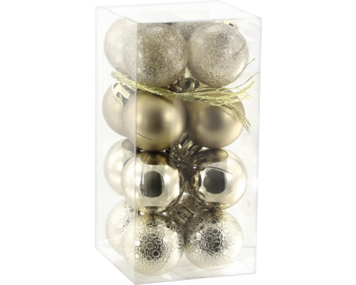 Set aus champagnerfarbenen Weihnachtskugeln in einer Klarsichtbox mit glitzernden, matten und glänzenden Oberflächen.