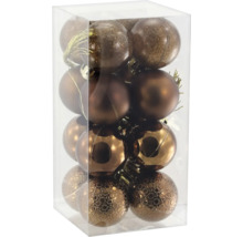 Weihnachtskugeln in transparenter Box, bronzefarben mit matten, glänzenden, glitzernden und strukturierten Oberflächen.
