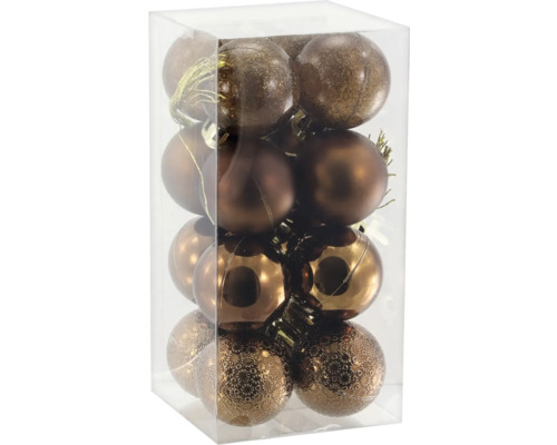 Weihnachtskugeln in transparenter Box, bronzefarben mit matten, glänzenden, glitzernden und strukturierten Oberflächen.