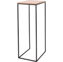 Moderner Blumenhocker mit schwarzem Metallgestell und quadratischer Abstellfläche in Holzoptik.
