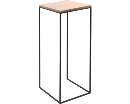 Moderner Pflanzenständer mit quadratischer Holzplatte und schwarzem Metallgestell.