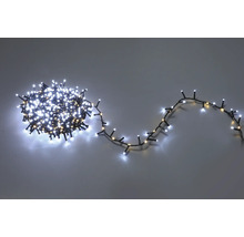 LED-Lichterkette mit kleinen weißen Lämpchen auf dunklem Kabel, teilweise aufgewickelt und teilweise ausgelegt.