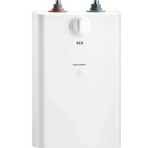 AEG Kleinspeicher mit Drehregler und Wasseranschlüssen oben. Weißes Gehäuse mit AEG Logo und Herkunftsbezeichnung Deutschland.