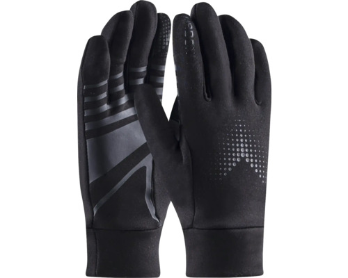 Schwarze Arbeitshandschuhe mit gemusterten Handflächen für besseren Halt und gepunktetem Design auf dem Handrücken.