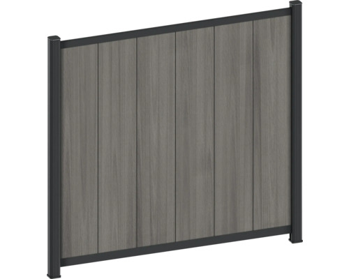 Sichtschutzzaun aus WPC-Lamellen in Holzoptik mit einem Rahmen aus Aluminium.