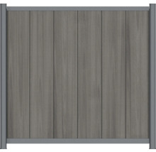 Graues Sichtschutzzaun-Element mit vertikalen Lamellen aus Holz-Kunststoff-Verbundwerkstoff und Aluminiumrahmen.