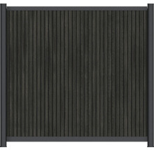 Anthrazitfarbener Sichtschutzzaun aus Holz-Kunststoff-Verbundwerkstoff mit vertikalen Lamellen und Metallrahmen.