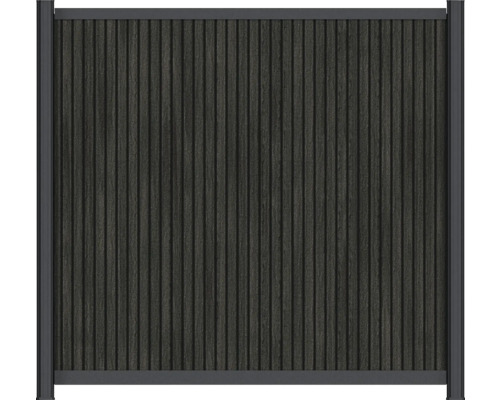 Anthrazitfarbener Sichtschutzzaun aus Holz-Kunststoff-Verbundwerkstoff mit vertikalen Lamellen und Metallrahmen.