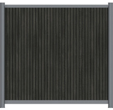 Sichtschutzzaun aus Holz-Kunststoff-Verbundwerkstoff mit vertikalen Lamellen in Anthrazit-Holzoptik und silbernem Aluminiumrahmen.