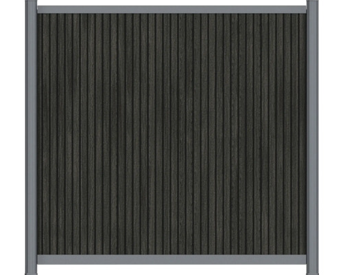 Sichtschutzzaun aus Holz-Kunststoff-Verbundwerkstoff mit vertikalen Lamellen in Anthrazit-Holzoptik und silbernem Aluminiumrahmen.