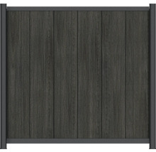 Sichtschutzzaun aus WPC mit vertikalen Lamellen und anthrazitfarbenem Aluminiumrahmen.