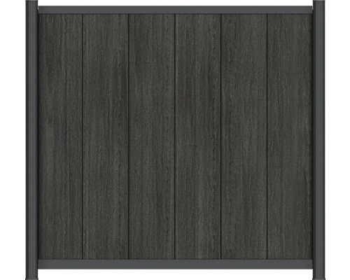 Sichtschutzzaun aus WPC mit vertikalen Lamellen und anthrazitfarbenem Aluminiumrahmen.