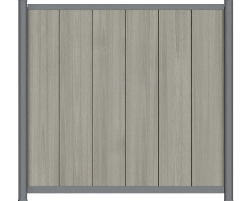 Sichtschutzzaun-Element aus WPC mit vertikalen Lamellen in Holzoptik und grauem Metallrahmen.