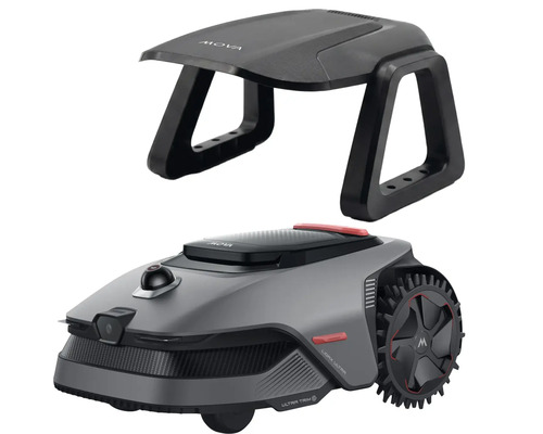 Grauer Mova Mähroboter mit LIDAR Ultra und Ultra Trim Funktion inklusive einer schwarzen Garagenabdeckung.