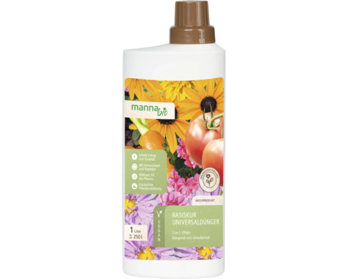 Manna Bio Basiskur Universaldünger 1 Liter Flasche für 250 Liter Wasser, veganes Naturprodukt mit 2-in-1 Effekt zur Pflanzenstärkung.