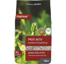 Manna Profi Aktiv Rasendünger mit Langzeitwirkung, 20 Kilogramm für circa 500 Quadratmeter, Profi-Produkt mit Bacillus subtilis, Manna Logo.