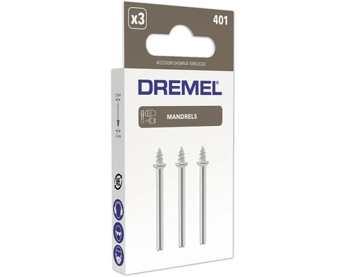 Dremel Logo, 3 Aufspanndorne Modell 401 mit 3,2 Millimeter Schaft.