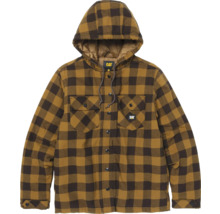 Caterpillar gefütterte Flanellhemdjacke mit Kapuze, braun kariert, mit Brusttaschen und Druckknöpfen.