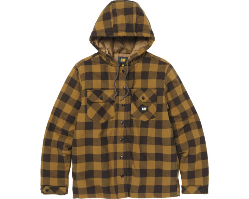 Caterpillar gefütterte Flanellhemdjacke mit Kapuze, braun kariert, mit Brusttaschen und Druckknöpfen.