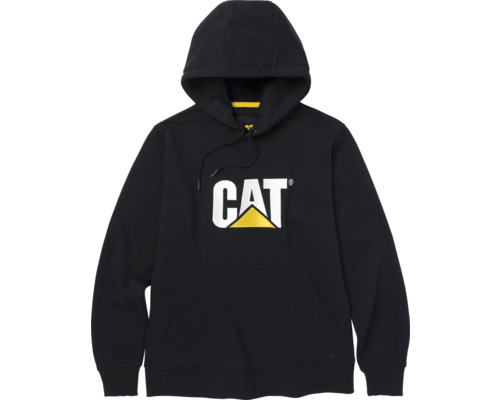 Schwarzer Kapuzenpullover mit Caterpillar Logo auf der Brust und Kängurutasche.