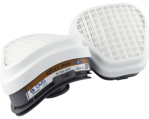 Zwei GVS Ersatzfilter Elipse A2P3 R D für Atemschutzmasken aus Kunststoff mit technischer Beschriftung.
