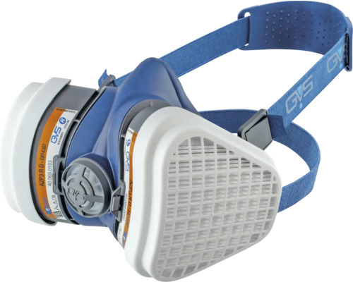 GVS Halbmaske Elipse mit A2P3 Filtern zum Schutz gegen Gase und Partikel, ausgestattet mit GVS Logo auf dem elastischen Kopfband.