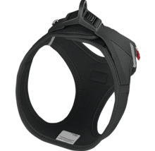 Schwarzes Hundegeschirr aus atmungsaktivem Air-Mesh-Material mit verstellbarem Verschluss und Ringen für die Leine.