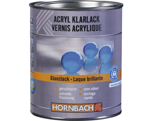 Hornbach Acryl Klarlack glänzend, geruchsarm und schnelltrocknend mit Blauer Engel Umweltsiegel. Hornbach Logo.