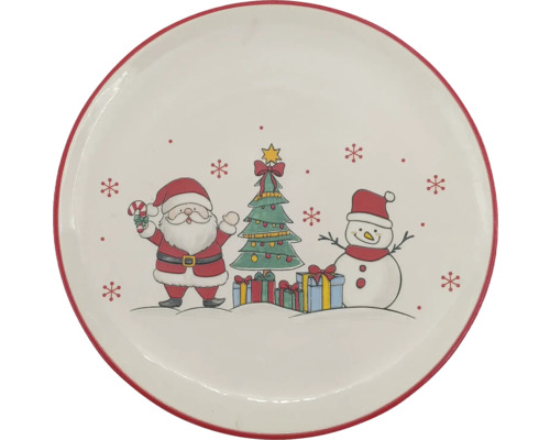 Runder Weihnachtsteller aus Keramik mit Motiven von Weihnachtsmann, geschmücktem Weihnachtsbaum mit Geschenken und Schneemann.