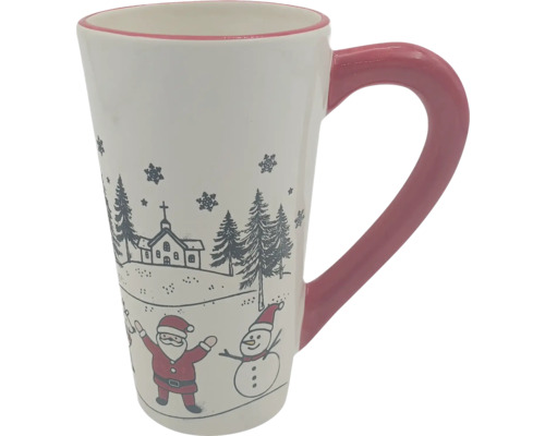 Hoher Keramikbecher mit Henkel und Weihnachtsmotiv mit Weihnachtsmann, Schneemann und Winterlandschaft.