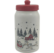Vorratsdose aus Keramik mit weihnachtlichem Motiv, Deckel mit Knauf, zeigt Weihnachtsmann auf Schlitten, Tannen und ein Haus im Schnee.