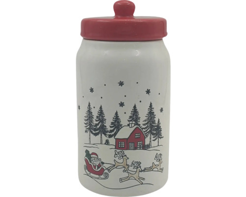 Vorratsdose aus Keramik mit weihnachtlichem Motiv, Deckel mit Knauf, zeigt Weihnachtsmann auf Schlitten, Tannen und ein Haus im Schnee.