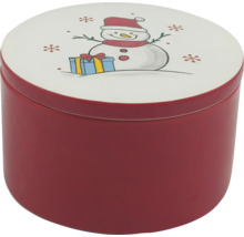 Runde Metalldose für Weihnachten mit rotem Korpus und weißem Deckel mit Schneemann und Geschenk