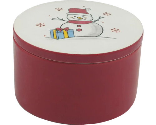 Runde Metalldose für Weihnachten mit rotem Korpus und weißem Deckel mit Schneemann und Geschenk