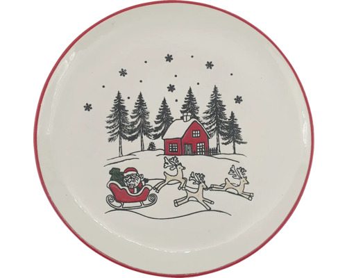 Runder Keramikteller mit rotem Rand und weihnachtlichem Motiv: Weihnachtsmann im Schlitten mit Rentieren, Haus und Tannen im Schnee.