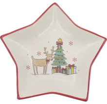 Sternförmige Keramikschale mit Abbildung eines Weihnachtsbaums, Geschenken und einem Rentier