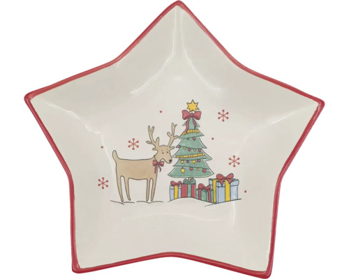 Sternförmige Keramikschale mit Abbildung eines Weihnachtsbaums, Geschenken und einem Rentier