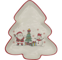 Servierteller in Tannenbaumform aus Keramik mit Motiven von Weihnachtsmann, Christbaum und Schneemann.