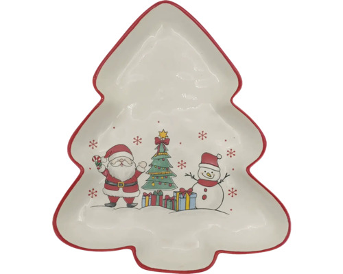 Servierteller in Tannenbaumform aus Keramik mit Motiven von Weihnachtsmann, Christbaum und Schneemann.