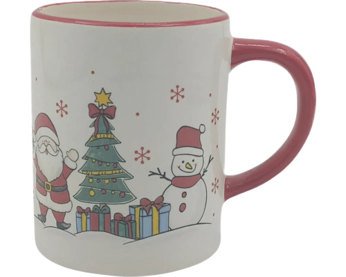 Weihnachtstasse aus Keramik mit Motiven von Weihnachtsmann, Tannenbaum und Schneemann.