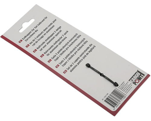 Rückseite der Verpackung für Cargo Point Endkappen 2er Set halbrund für Zurrschiene Aluminium mit Cargo Point Logo.